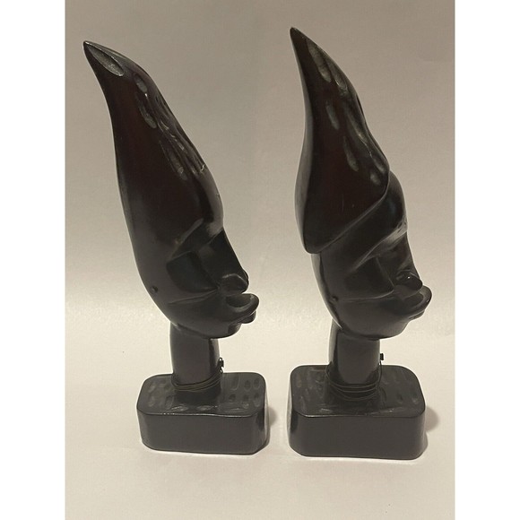 Set Of 2 Vintage Carved Wood Tribal Black Woman Head and Neck Bust Figurine 8”+ - Picture 4 of 11